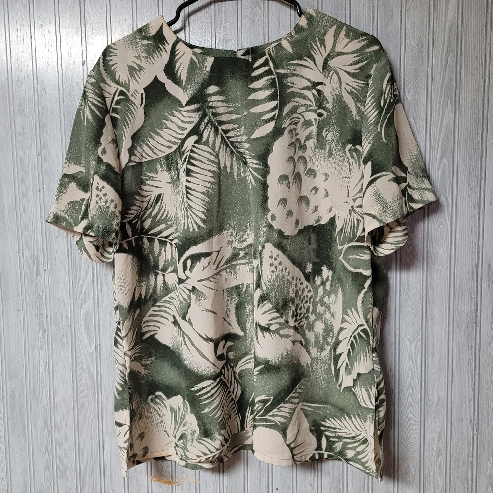 K.C Studio Womens Green Tropical Leaves Print Blouse Size L